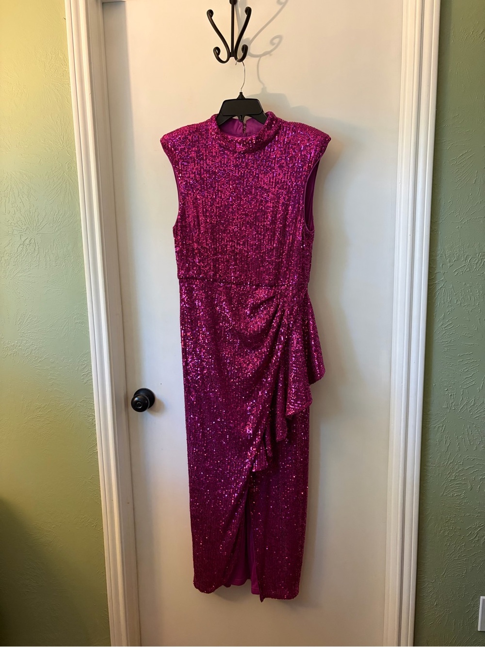 Badgley Mischka Hot Pink Sequin Sleeveless Draped Maxi Dress